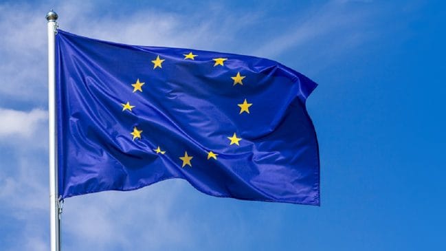 Flag of the European Union waving in the wind on flagpole against the sky with clouds, banner 1 EU Invests €1.5m in Wildlife Conservation in Cross River